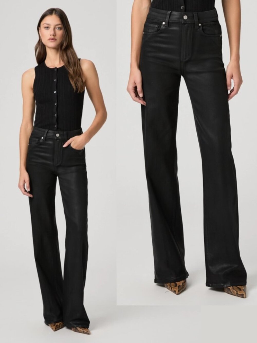 PAIGE Sasha Wide Leg Jeans Black Fog Luxe Coating High Rise Coated Denim 32"
